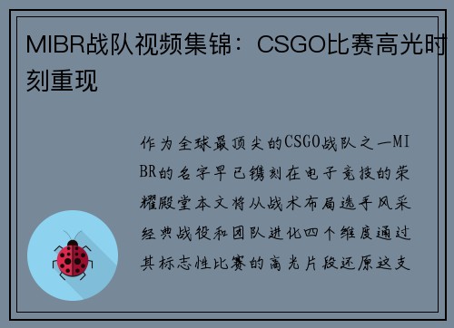 MIBR战队视频集锦：CSGO比赛高光时刻重现